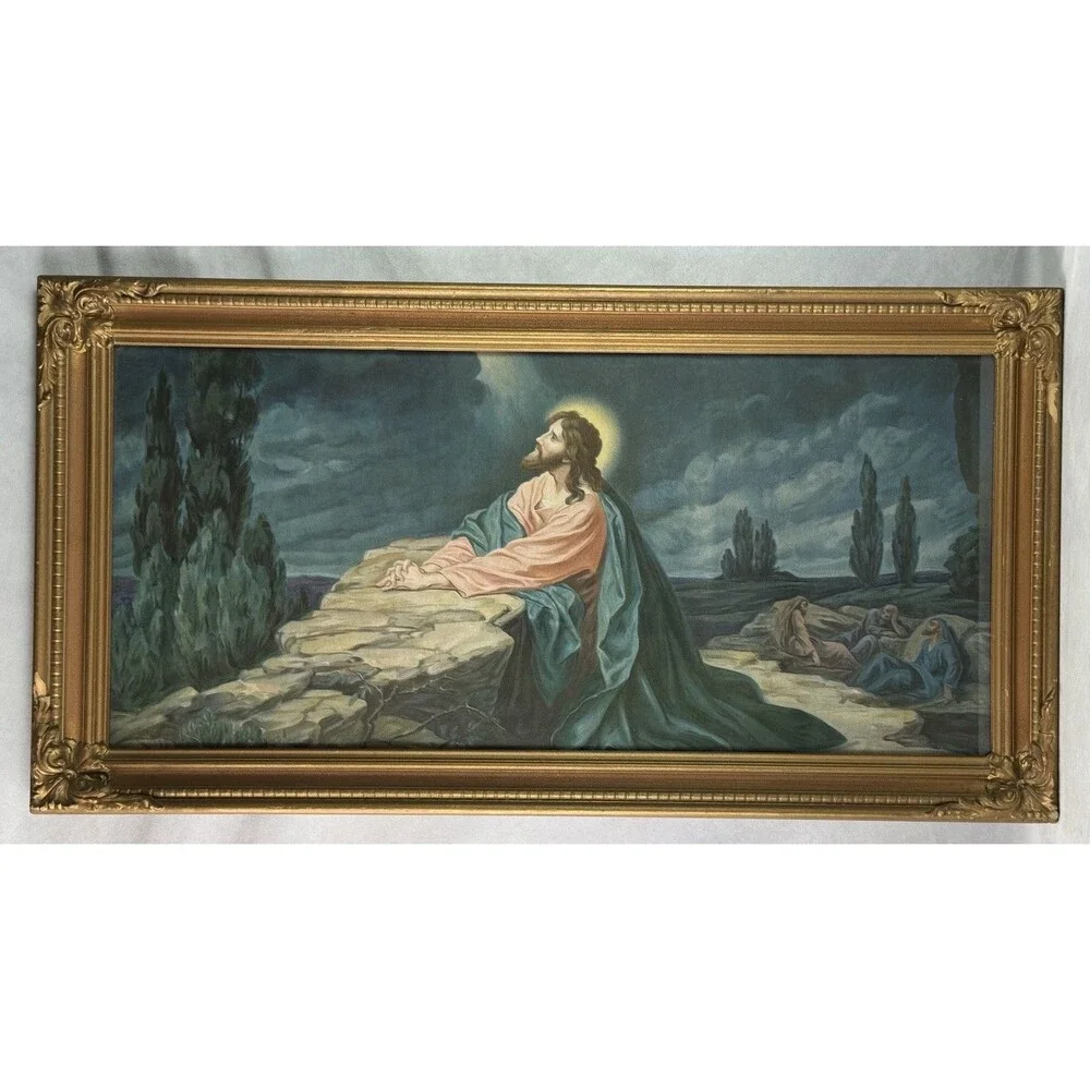 Vintage Jesus Praying Art Under Glass Ornate Gilt Wood Gold Frame Antique